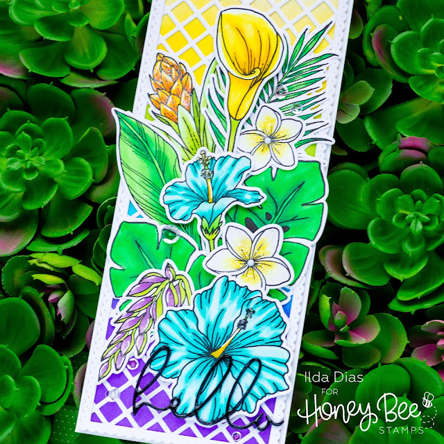 Hello Summer, Blog Hop, Hello, Tropical Lattice, Friendship Card, Honey Bee Stamps, Paradise Blooms, Copics, Distress Oxide, Card Making, Stamping, Die Cutting, handmade card, ilovedoingallthingscrafty, Stamps, how to, blending, 