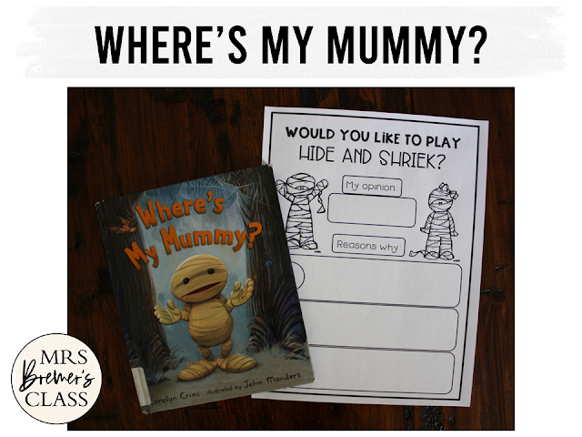 Where's My Mummy book study activities unit with Common Core aligned literacy companion activities and a craftivity for Halloween in Kindergarten and First Grade