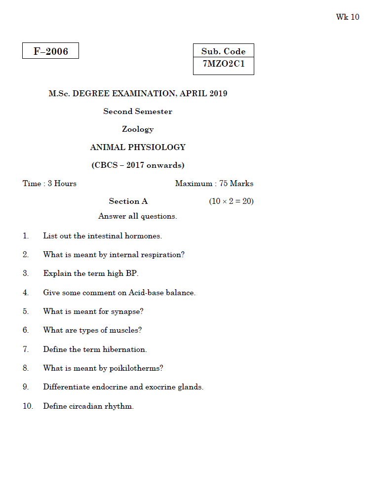 Alagappa University M.Sc.Zoology ANIMAL PHYSIOLOGY APRIL 2019 Question