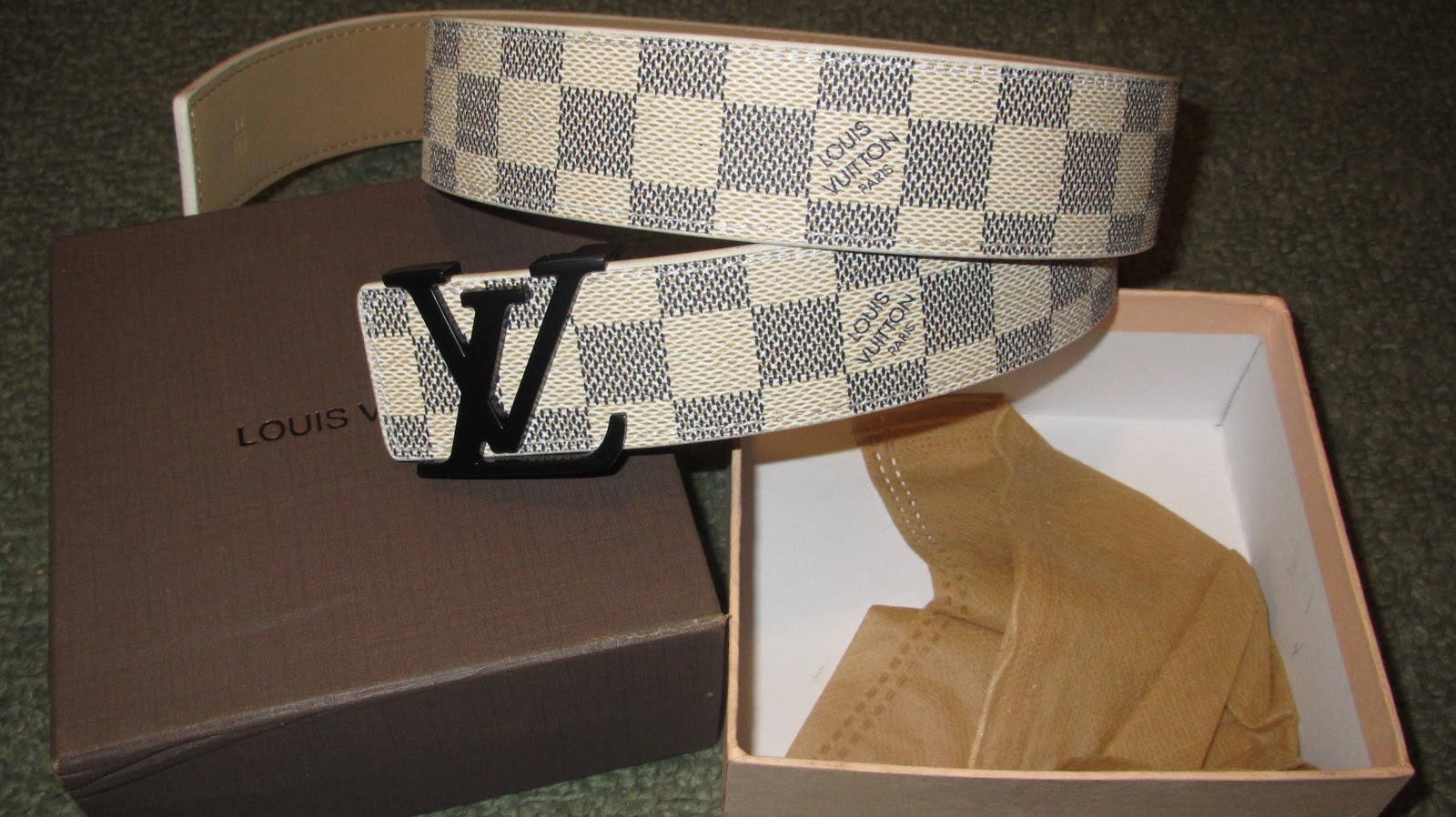 LV BELTS : Replica Louis Vuitton Azure Damier With Black Buckle Belt