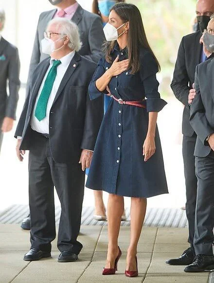 Queen Letizia wore a navy Caddli stretch denim dress by Hugo Boss, and leather pumps by Hugo Boss