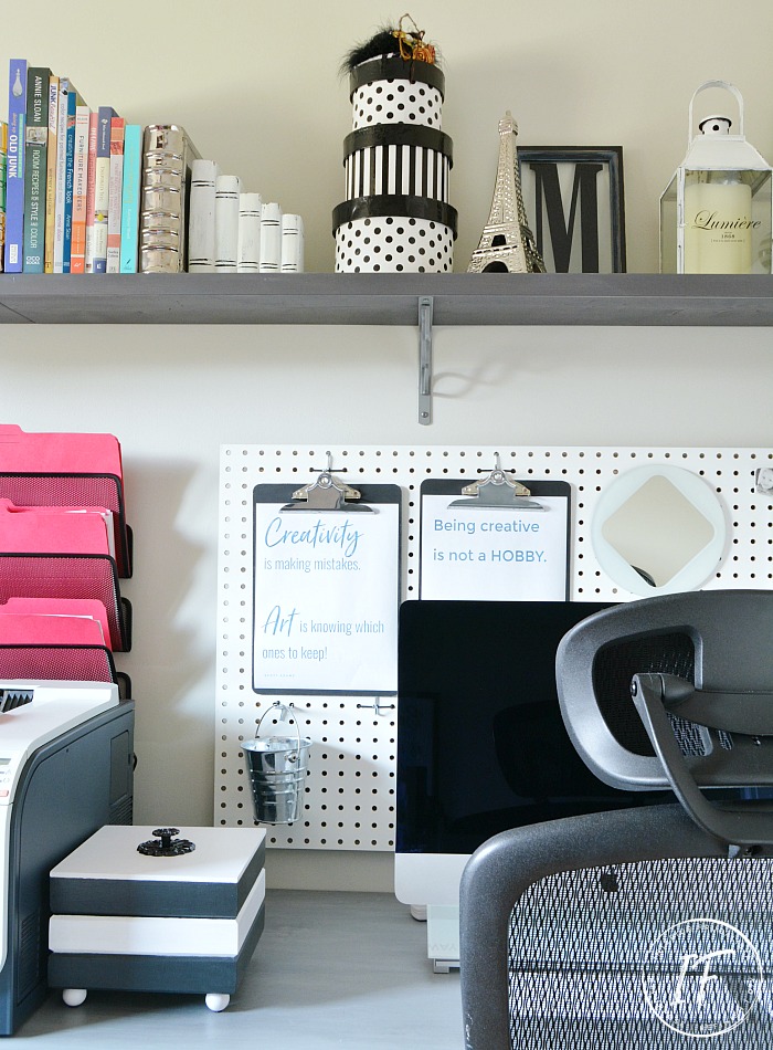 Small Home Office WallToWall Shelves and Pegboard Organization