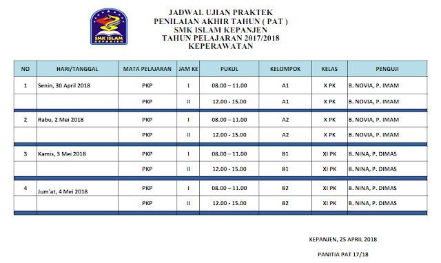 Jadwal Ujian Praktek Penialaian Akhir Tahun (PAT) Keperawatan