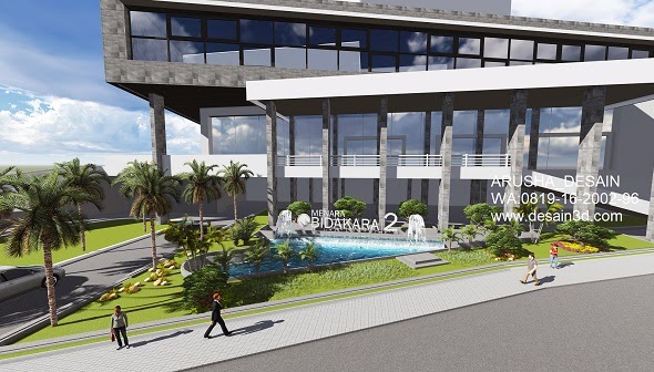 Desain Taman Asri Kolam Air Mancur Depan Hotel - Jasa Design Murah Kekinian