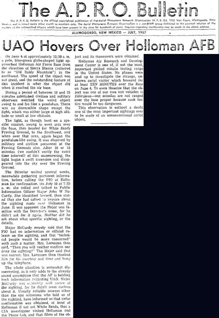 UAO Hovers Over Holloman AFB - APRO Bulletin (July, 1957)