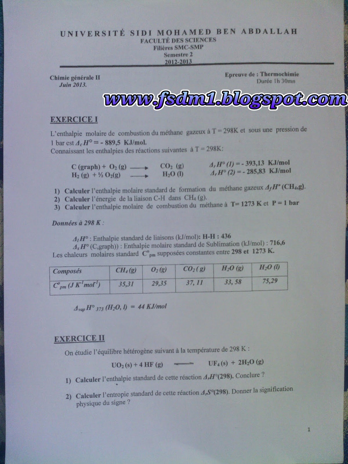 EXAMEN DE THERMOCHIMIE S2 PDF