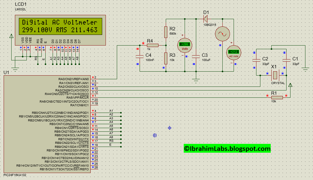 Digital AC voltmeter Schematic + Code + Proteus Simulation