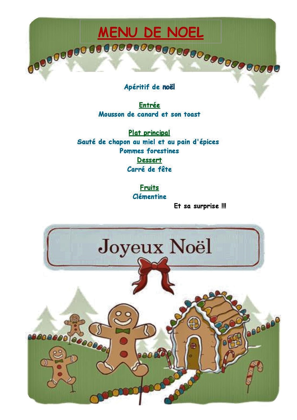Notre Dame d'Oé: Menu de Noel pour les enfants au restaurant scolaire