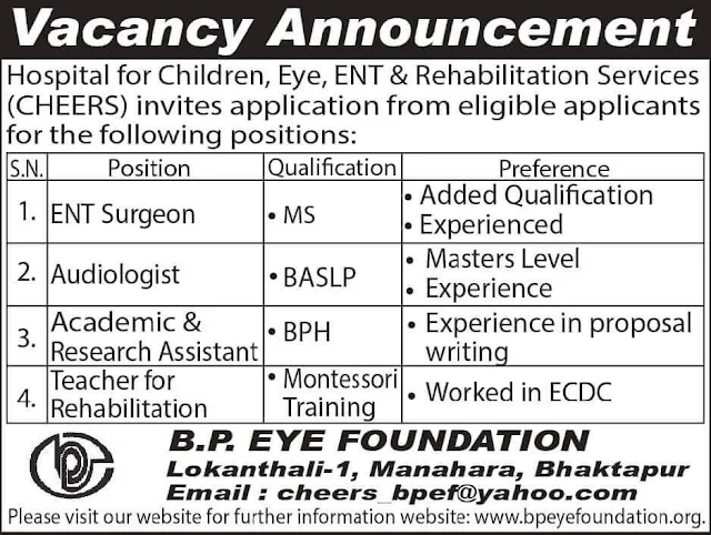 B.P. Eye Foundation Vacancy for Various Positions