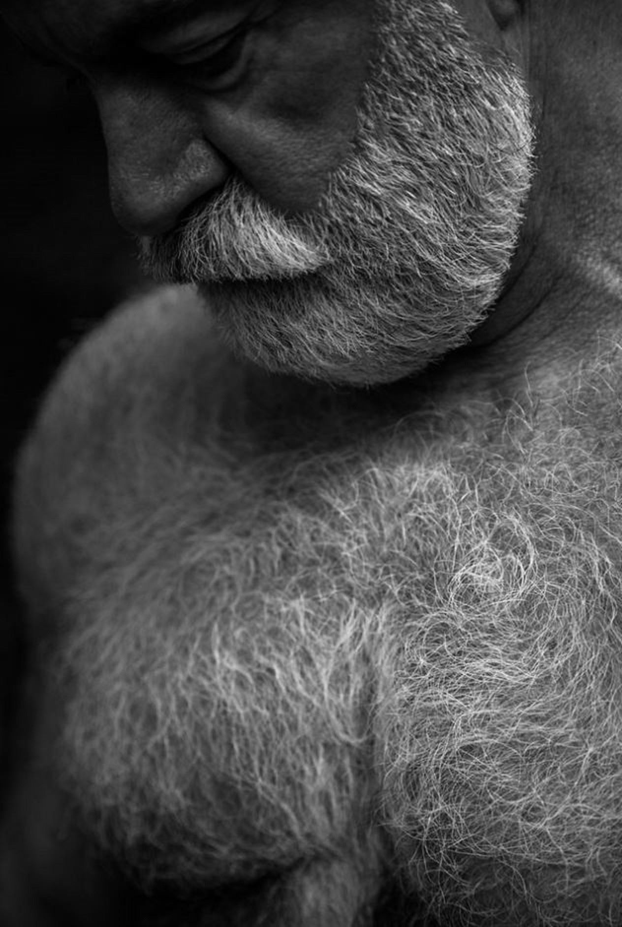 Толстый волосатый дед. Заросший старик. Лохматый старик. Волосатый седой мужчина. Бородатый старик.