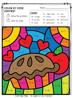 Thanksgiving Color By Number Math Facts Practice Addition pie colored