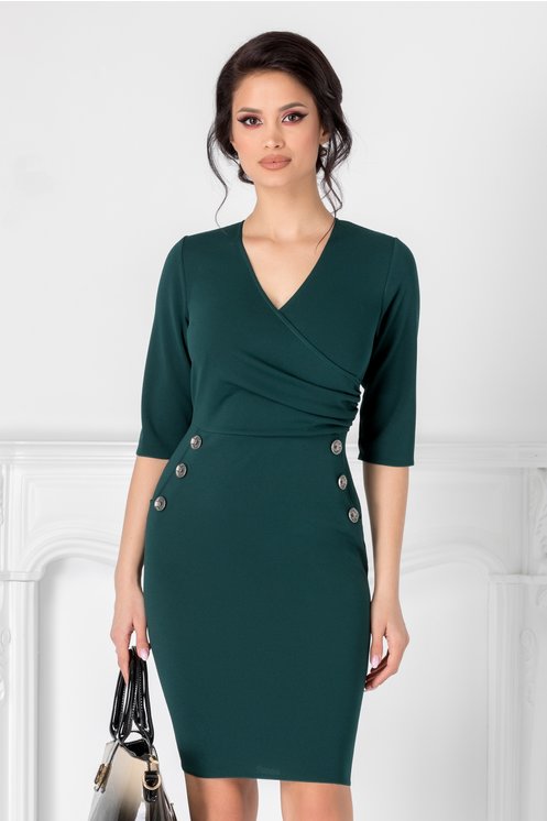 Rochie Emma verde petrol cu decolteu petrecut si nasturi decorativi Rochie Emma verde petrol cu decolteu petrecut si nasturi decorativi