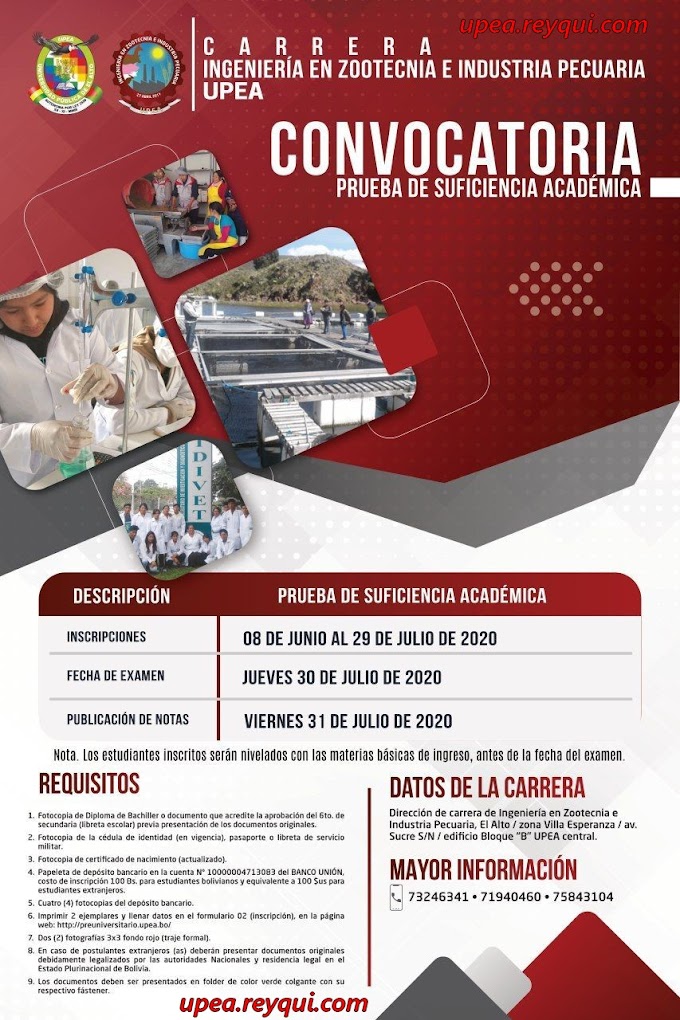 Ingeniería en Zootecnia e Industria Pecuaria UPEA II/2020: Convocatoria para la Prueba de Suficiencia Académica