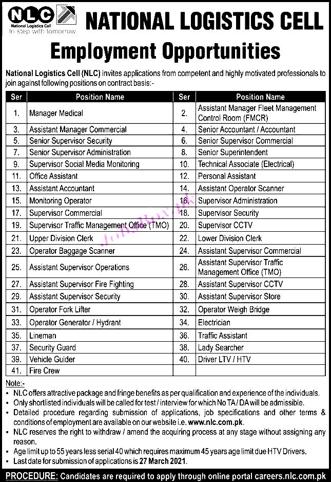 Latest Jobs in National Logistics Cell NLC 2021 Apply online At www.nlc.com.pk