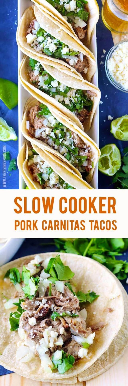 Imagine soft corn tortillas filled with tender, slightly crispy, and juicy shredded pork carnitas, chopped onion and cilantro, crumbled Mexican cheese, and a squeeze of fresh lime juice. Are you salivating yet? Carnitas tacos are perfect for a quick weeknight meal or even a large gathering where you need to feed a crowd without breaking the bank. Make some today and your belly will thank you.