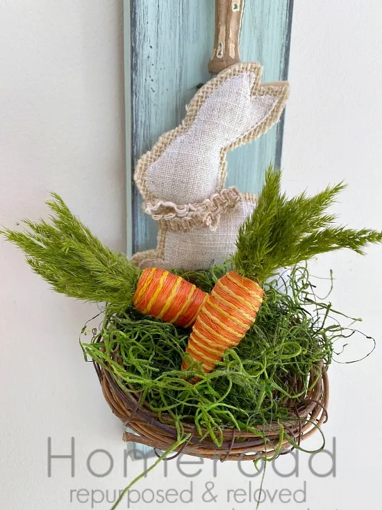 Vintage Ladle Bunny Nest for Spring with green moss and carrots