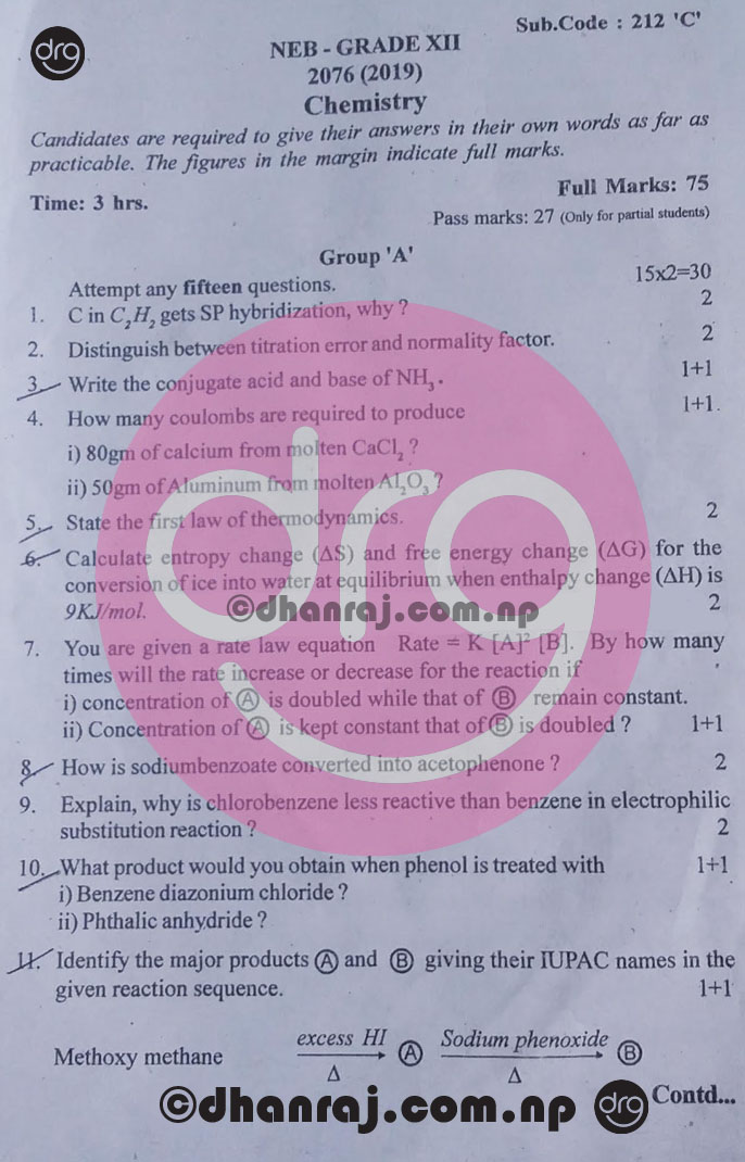 Chemistry Grade 12XII Question Paper 2076 [2019] Sub. Code 212C