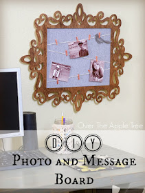 Use a laser cut wood frame to create a photo and message board for your office. By Over The Apple Tree
