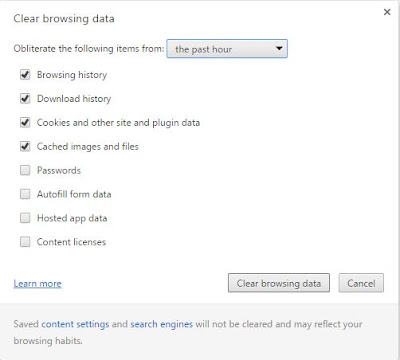 Chrome browsing data window