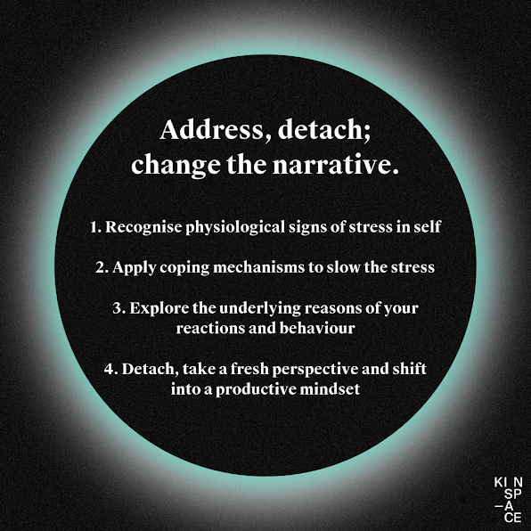 Address, detach; change the narrative.  1. Recognise physiological signs of stress in self   2. Apply coping mechanisms to slow the stress  3. Explore the underlying reasons of your reactions and behaviour  4. Detach and shift into a responsive mindset