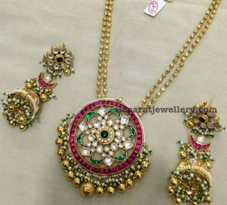 Balls Chain with Kundan Jhumkas Pendant Jewellery Designs