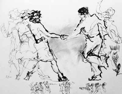 ink drawing of man and woman jive dancing with lighter drawings of earlier poses