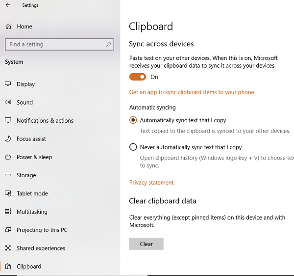 Cancella i dati degli appunti nel cloud in Windows 10