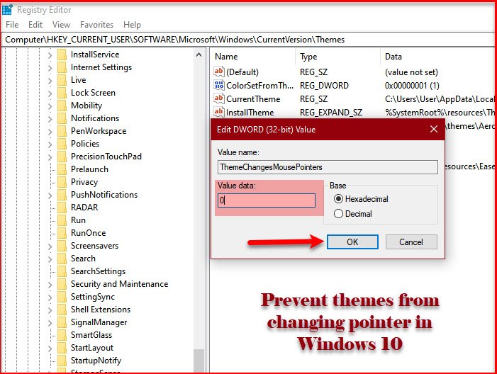 ป้องกันไม่ให้ธีมเปลี่ยนตัวชี้ใน Windows 10