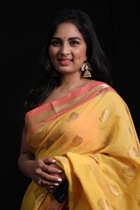 Actress Srushti Dange Stills in Yellow Traditional Silk Saree