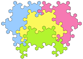 Congruent jigsaw puzzle pieces with 10 tabs and 8 blanks make this holeless tetrad.