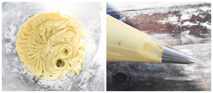 Making raspberry & white chocolate cupcakes - step 8 - buttercream in bowl and piping bag