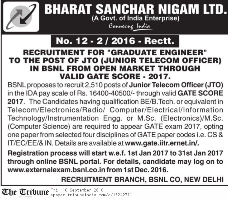 bsnl jto 2009 notification