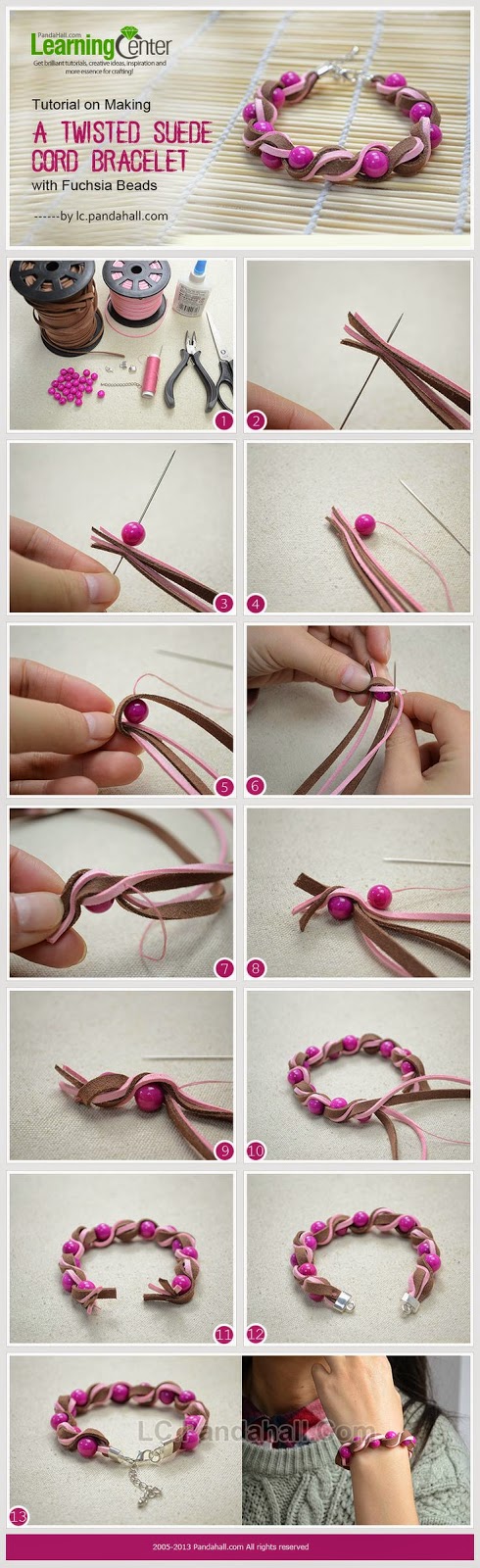 Twisted Suede Cord Bracelet with Fuchsia Beads