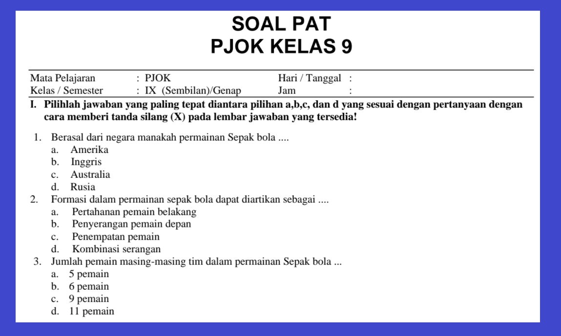 Soal PAT PJOK Kelas 9 Semester 2 Tahun 2021 Modul Ajar Kurikulum Merdeka