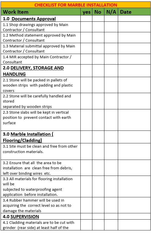 Checklist Template for Marble Installation Work.