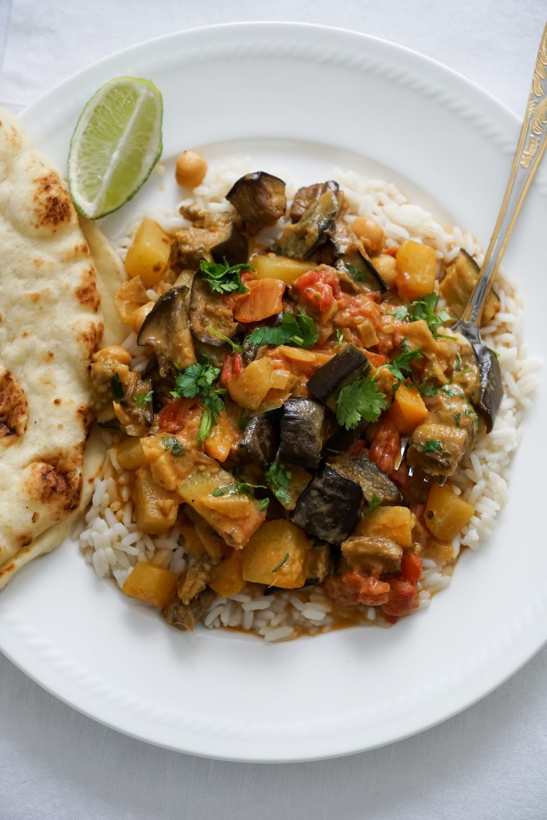 Eggplant, potato and chickpea curry