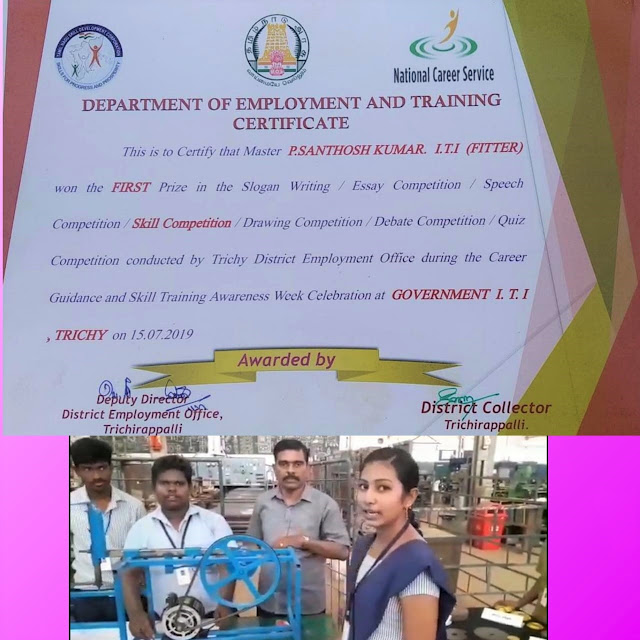 P.SANTHOSH KUMAR  FITTER TRADE STUDENT ( DEPARTMENTMENT OF EMPLOYMENT AND TRAINING SKILL COMPETITION CERTIFICATE )