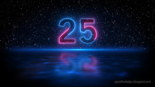 Number 25 Neon Light Style With Shadow On Blue Light Water Surface Against Dark Starry Sky Of The Space