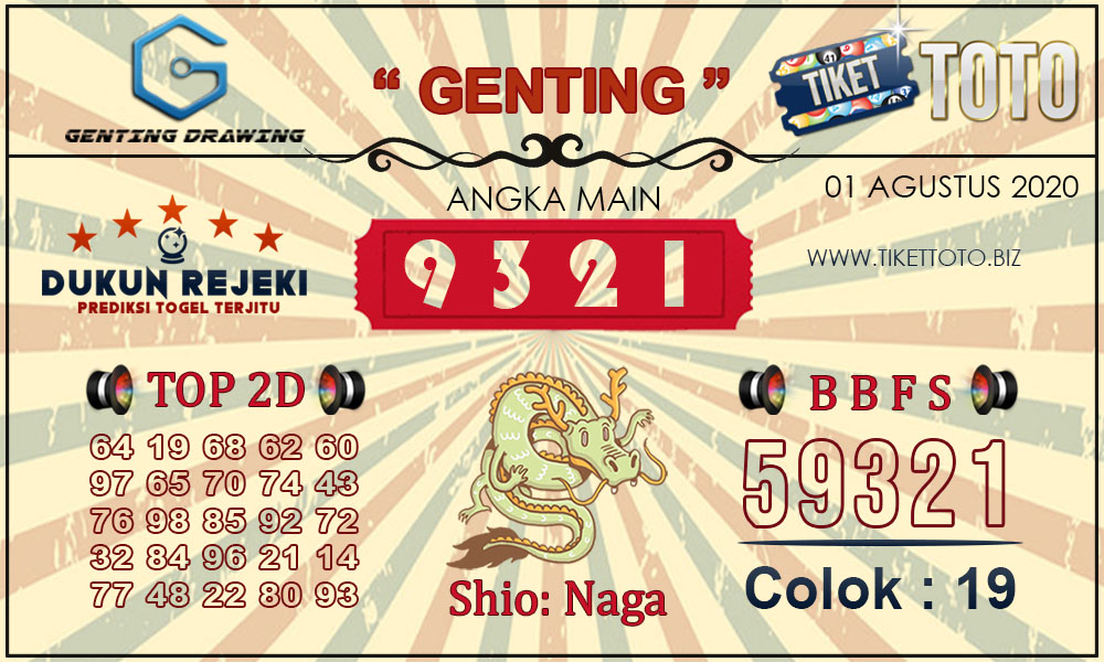 Prediksi Togel GENTING DRAWING TIKETTOTO 01 Agustus 2020