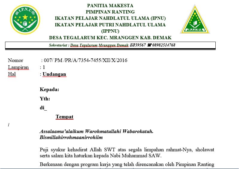 Contoh Surat Undangan Makesta Ipnu Ippnu Sample Surat Undangan