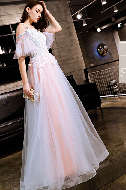 Sexy Pink Off-Shoulder Embroidery Tulle Party Prom Dress