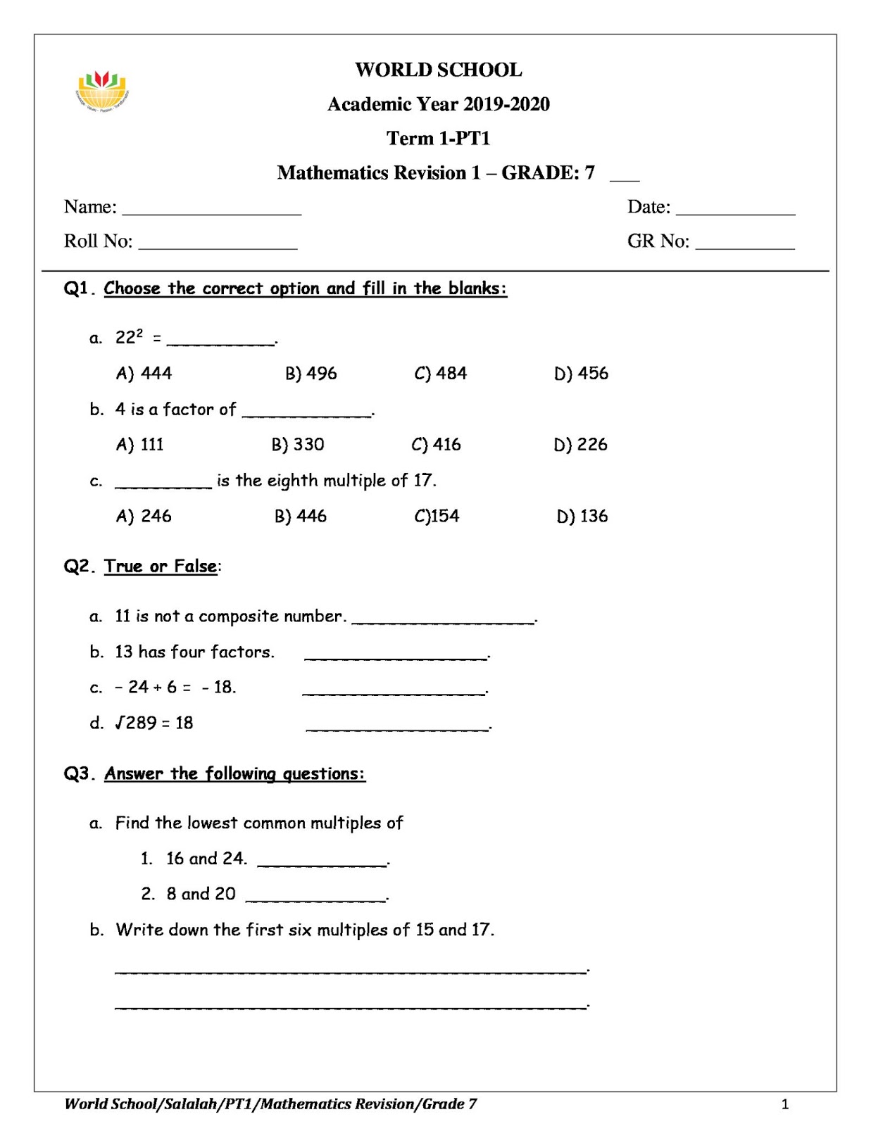 Birla World School Oman: Homework for Grade 7 as on 29-09-2019