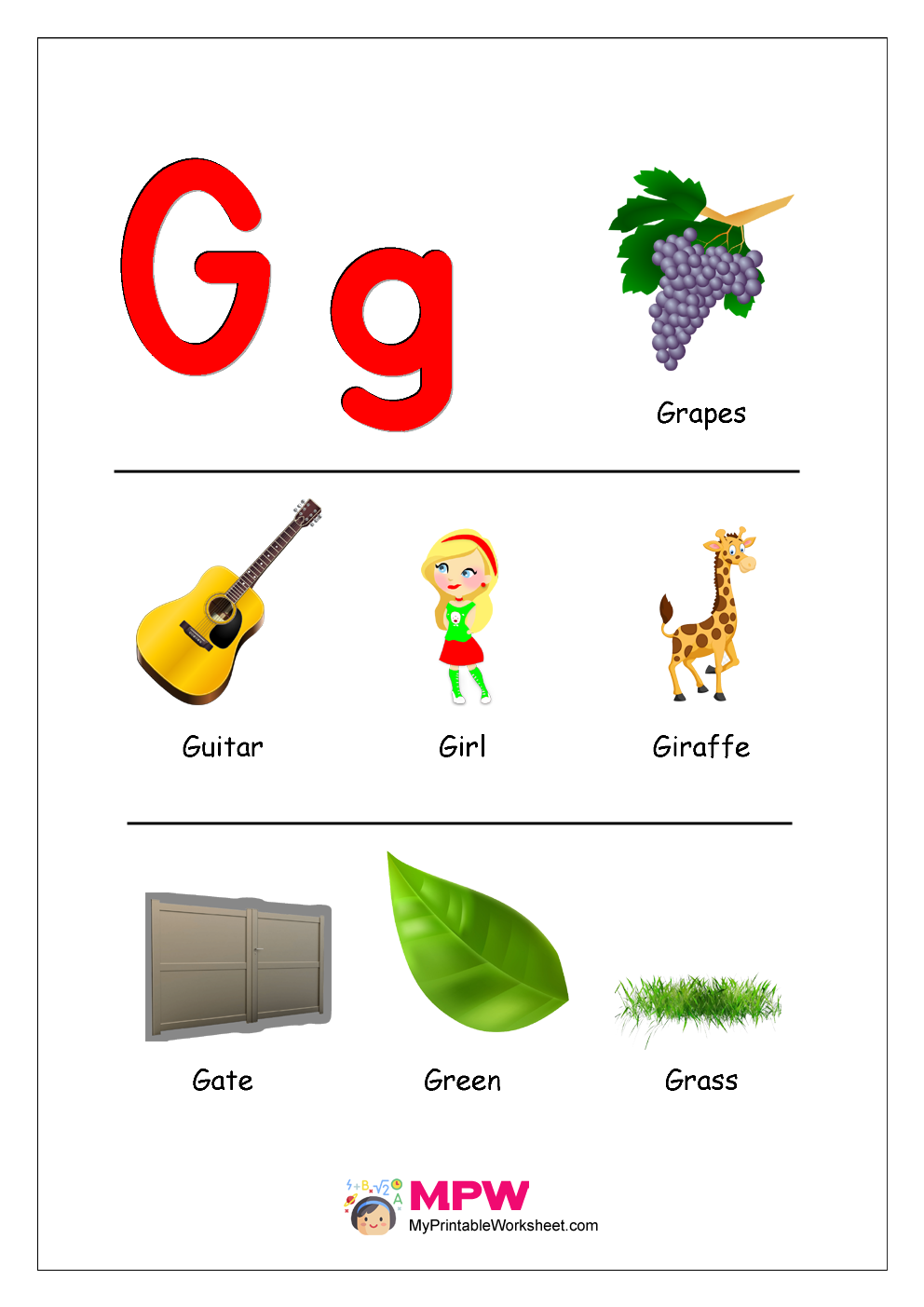 Things that start with F, G, H, I, J Alphabet Printable Worksheets for
