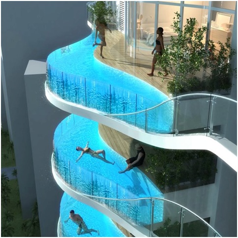 Swimming pools at the front. Facade pools