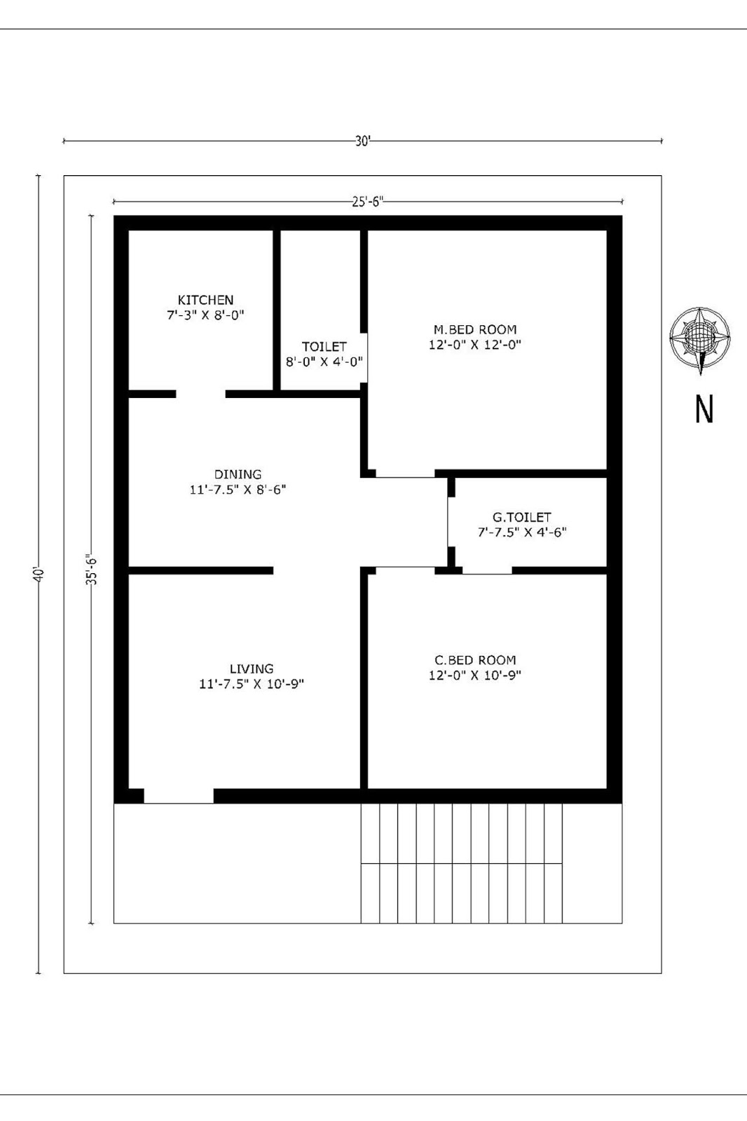 NORTH FACE 30X40 FEET HOUSE PLAN !TWO BED ROOMS PALN NORTH