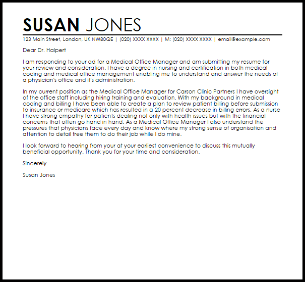 Cover Letter Examples For Medical Office Manager Sample Letter