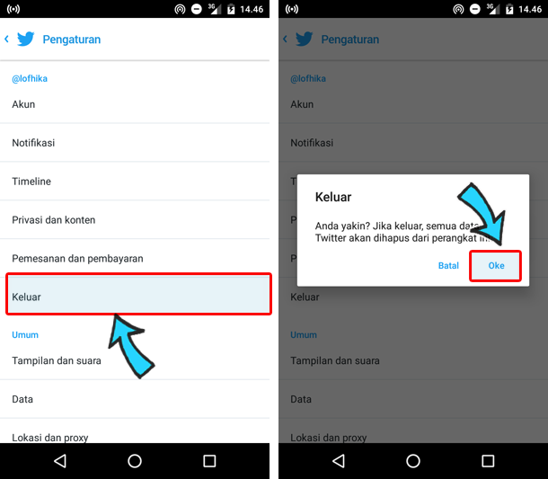 cara keluar twitter di android