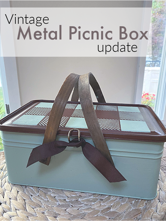 vintage metal picnic basket with pin overlay