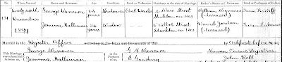 England and Wales, marriage certificate for George Warrener and Jemima Halliman (nee Jordon), married 26 Dec 1899; citing 10a/155/131, Dec quarter 1899, Stockton registration district; General Register Office, Southport.