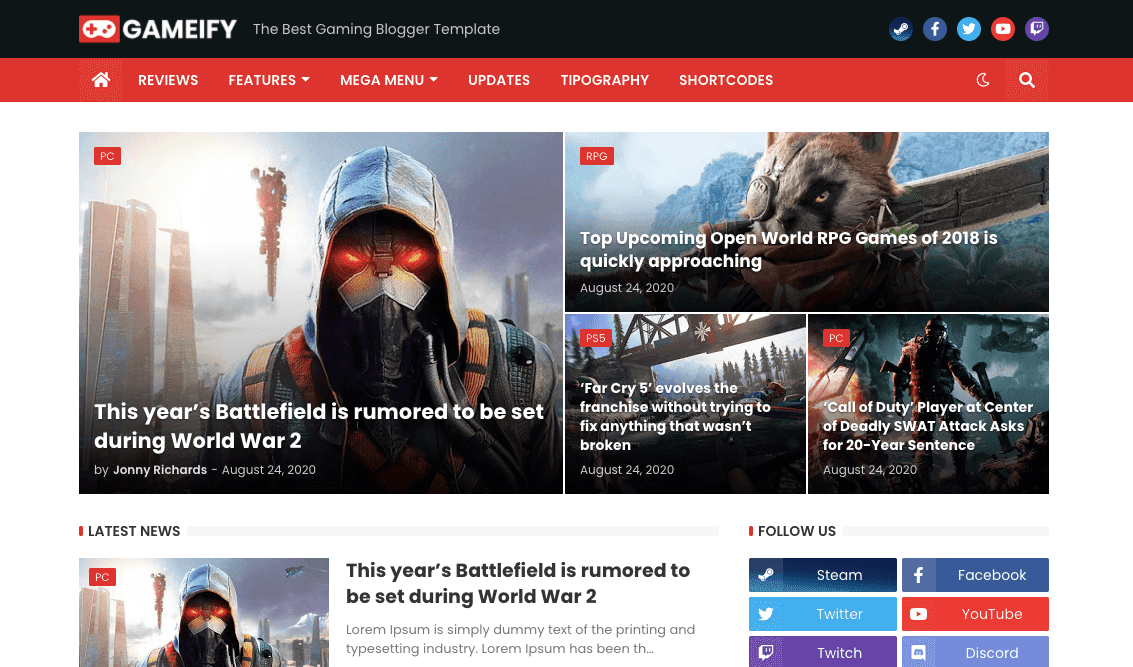 Gameify v1.0 - Responsive Gaming Blogger Template